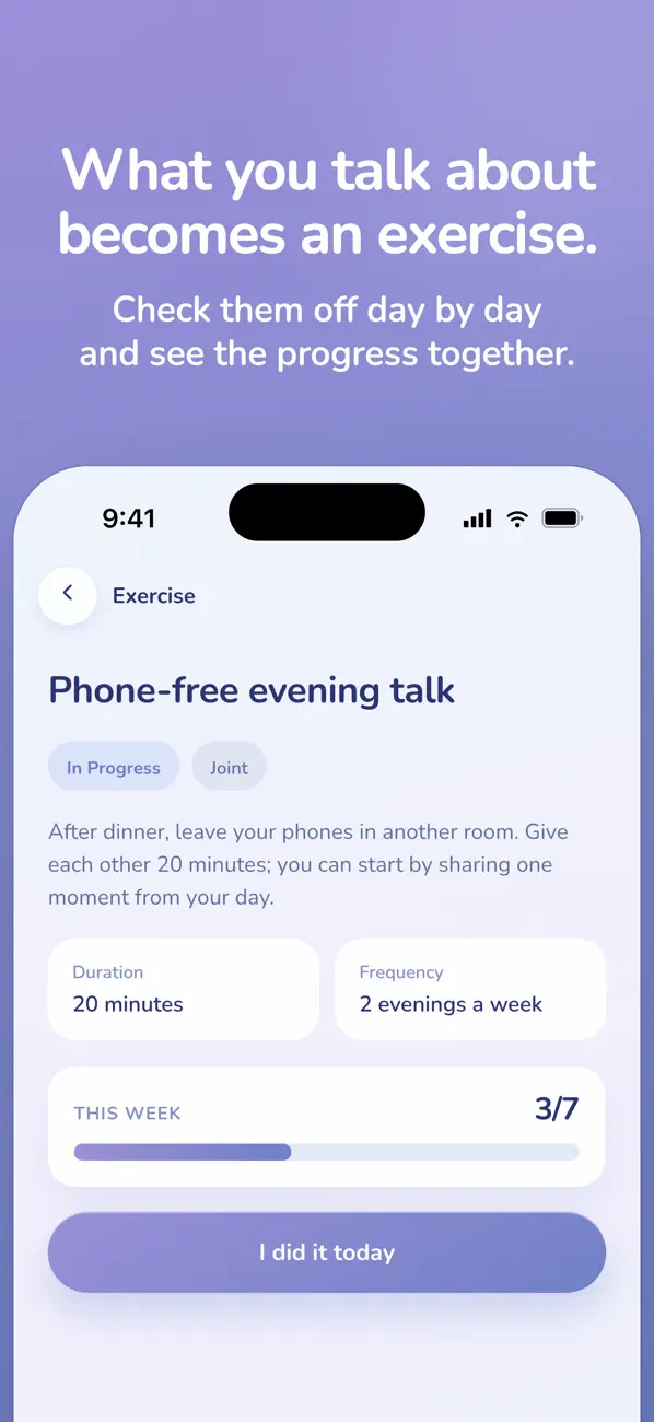Englischsprachiges App-Store-Beispiel einer Yesi-Übung für ein abendliches Gespräch ohne Handy, mit einer Schaltfläche zum Abschließen.