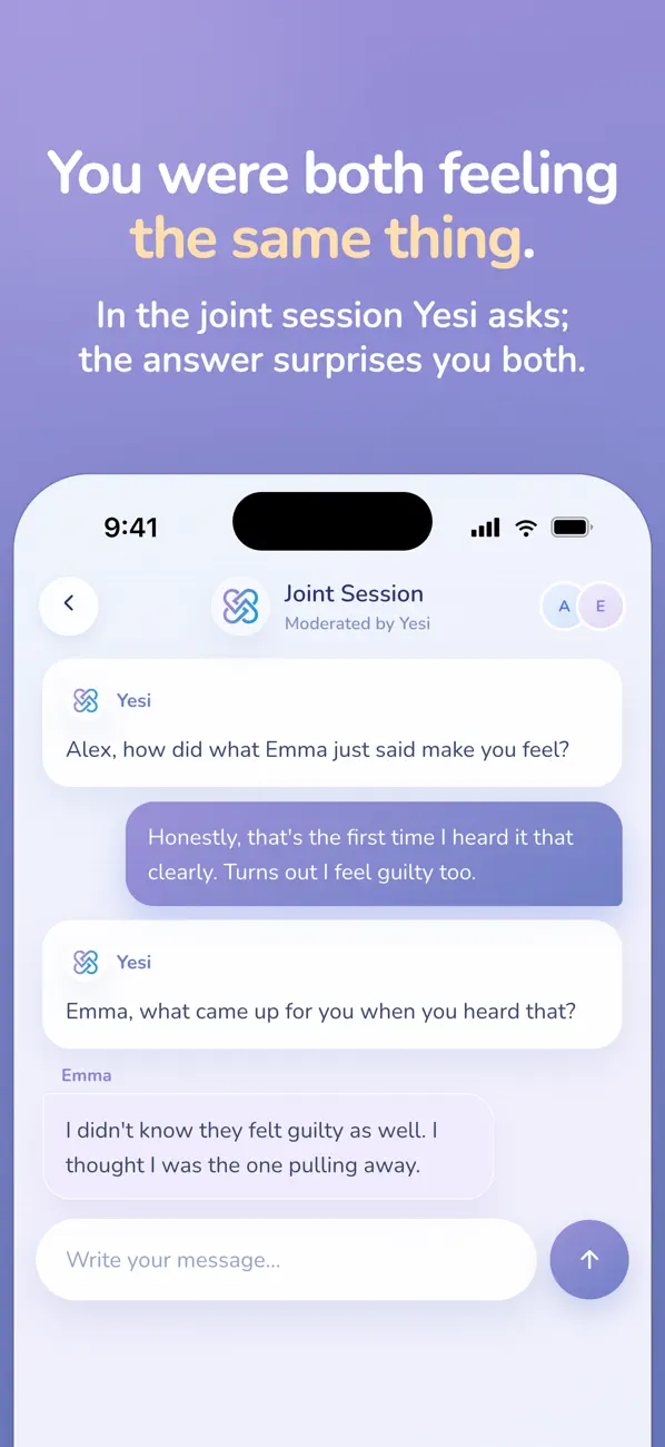 Englischsprachiges App-Store-Beispiel einer gemeinsamen Yesi-Sitzung mit Fragen an beide Personen.