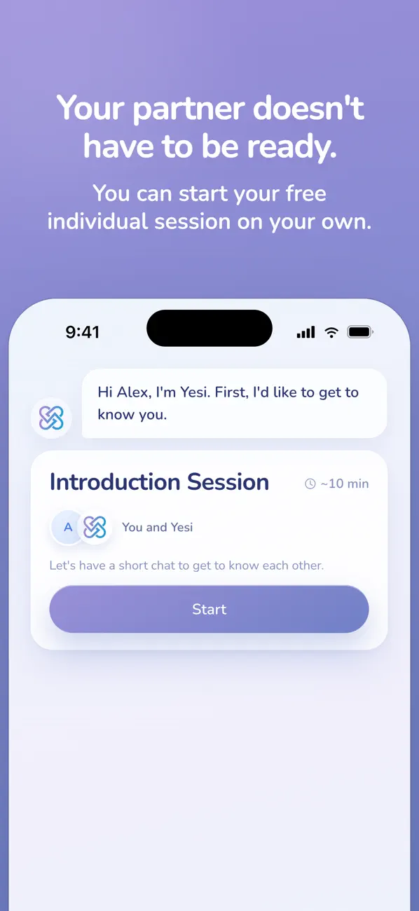 Das Einführungsgespräch von Yesi im englischsprachigen App-Store-Bild, mit einer Start-Schaltfläche für den Einstieg allein.